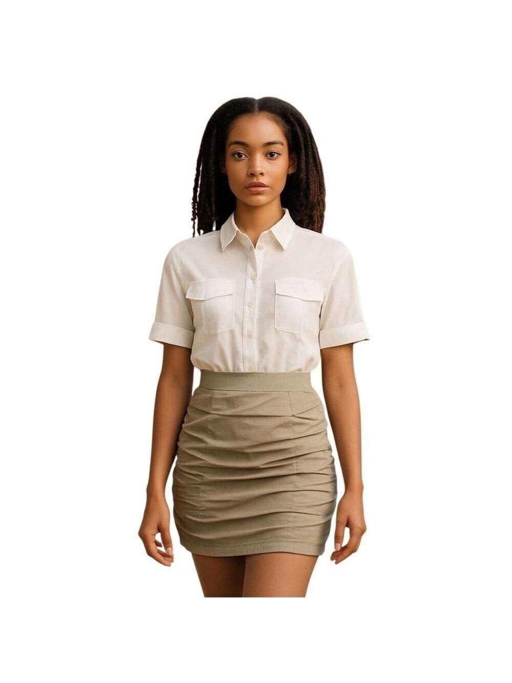 𝅺Venus dress grey white button shirt top ruched bottom short sleeve size 8